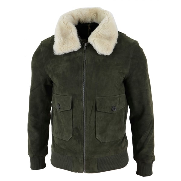 Mens Real Suede Varsity Bomber Jacket with Removable Collar - Olive Green