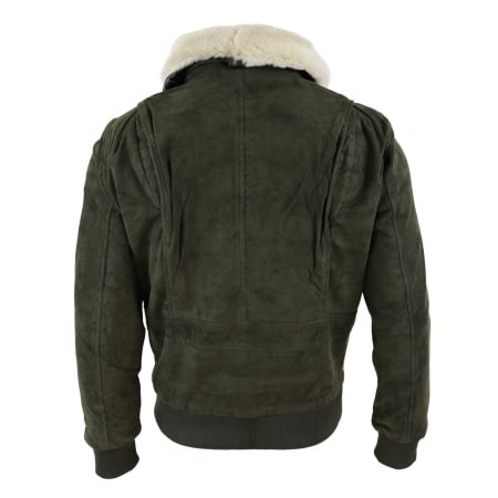 Mens Real Suede Varsity Bomber Jacket with Removable Collar - Olive ...