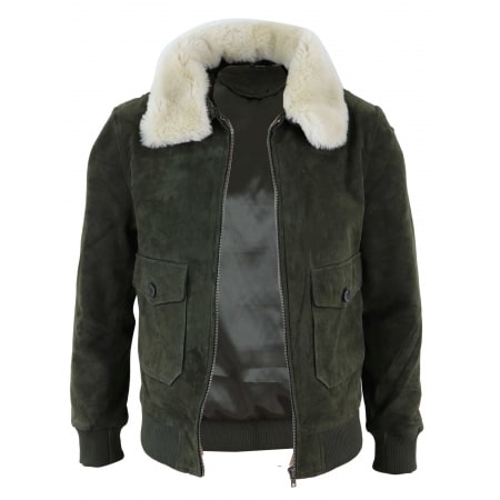 Mens Real Suede Varsity Bomber Jacket with Removable Collar - Olive ...