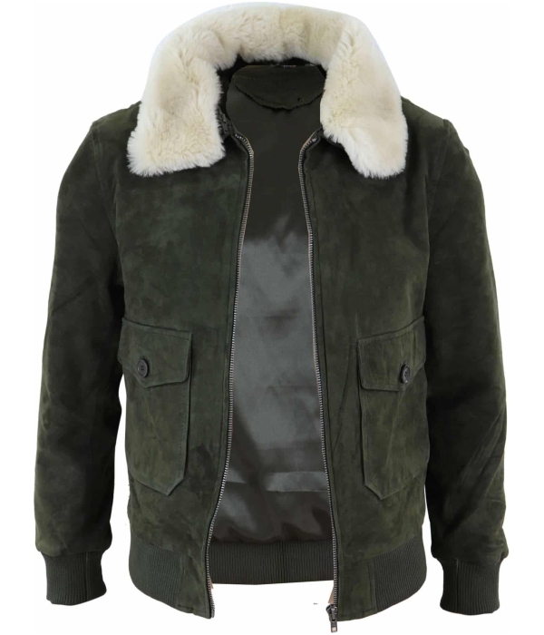 Mens Real Suede Varsity Bomber Jacket with Removable Collar - Olive Green