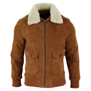 Mens Real Suede Varsity Bomber Jacket with Removable Collar – Tan