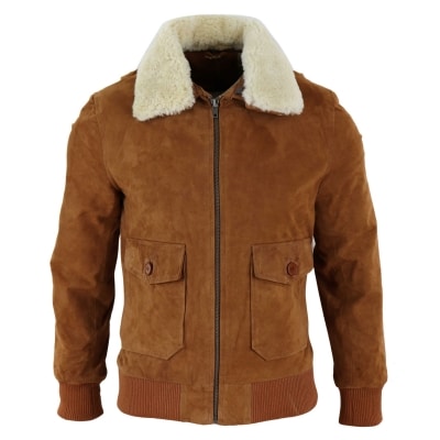 Mens Real Suede Varsity Bomber Jacket with Removable Collar - Tan