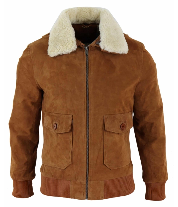 Mens Real Suede Varsity Bomber Jacket with Removable Collar - Tan