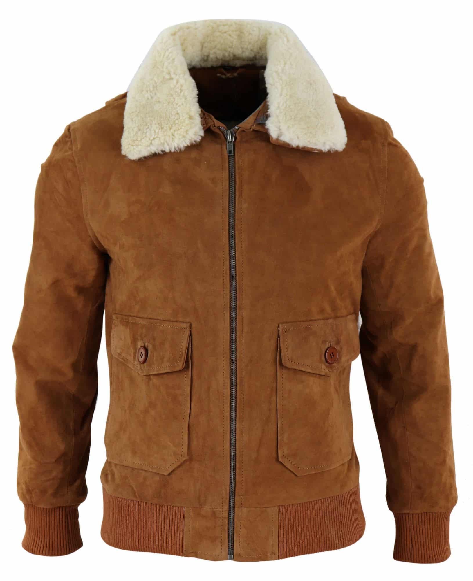Mens Real Suede Varsity Bomber Jacket with Removable Collar - Tan: Buy ...