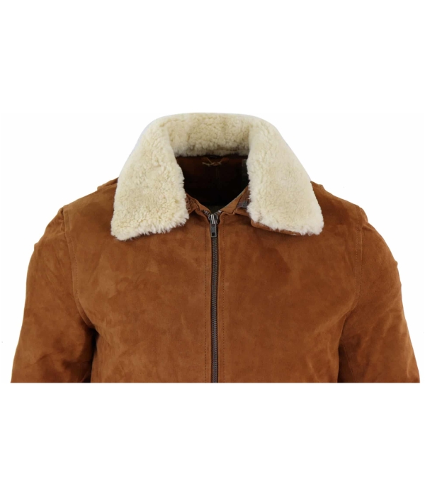 Mens Real Suede Varsity Bomber Jacket with Removable Collar - Tan