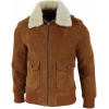 Mens Real Suede Varsity Bomber Jacket with Removable Collar - Tan