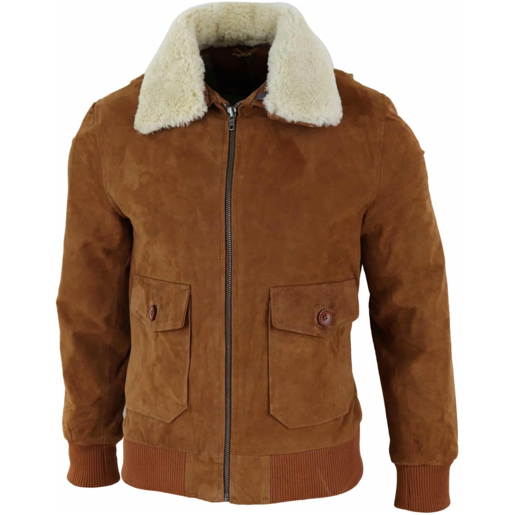 Mens Real Suede Varsity Bomber Jacket With Removable Collar Tan Buy Online Happy Gentleman 