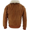 Mens Real Suede Varsity Bomber Jacket with Removable Collar - Tan