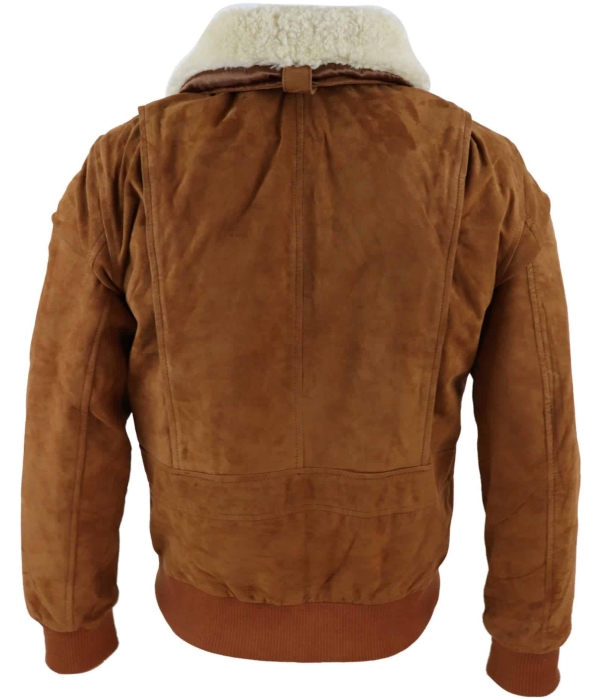 Mens Real Suede Varsity Bomber Jacket with Removable Collar - Tan