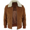 Mens Real Suede Varsity Bomber Jacket with Removable Collar - Tan