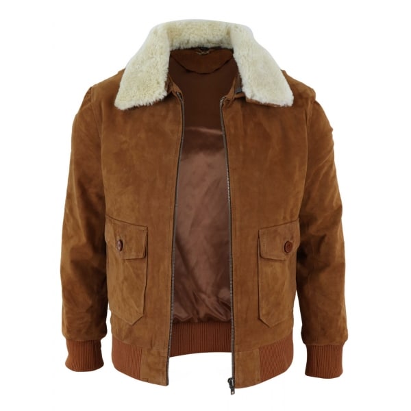 Mens Real Suede Varsity Bomber Jacket with Removable Collar - Tan