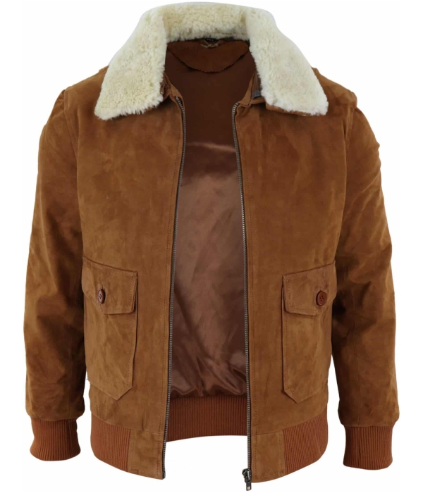 Mens Real Suede Varsity Bomber Jacket with Removable Collar - Tan