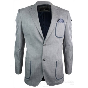 Mens Tailored Blazer Jacket Grey Blue Trim Pocket Design Brown Elbow Patch