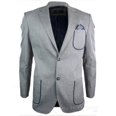 Mens Tailored Blazer Jacket Grey Blue Trim Pocket Design Brown Elbow Patch