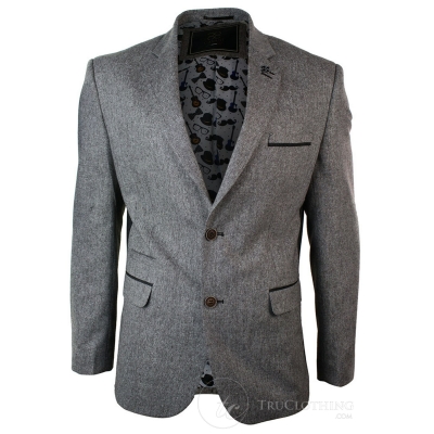 Mens Light Brown Herringbone Tweed Vintage Slim Fit Blazer Smart Casual Jacket