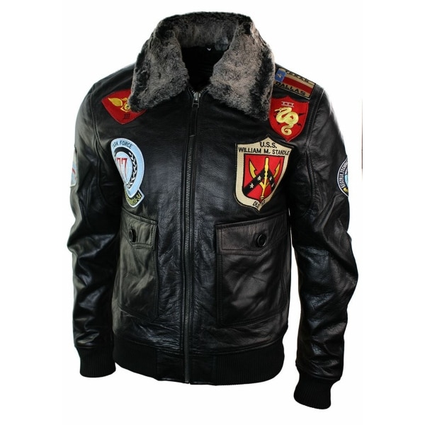 Mens Real Leather US Aviator Air Force Pilot Flying Bomber Jacket Black Fur Collar-Black