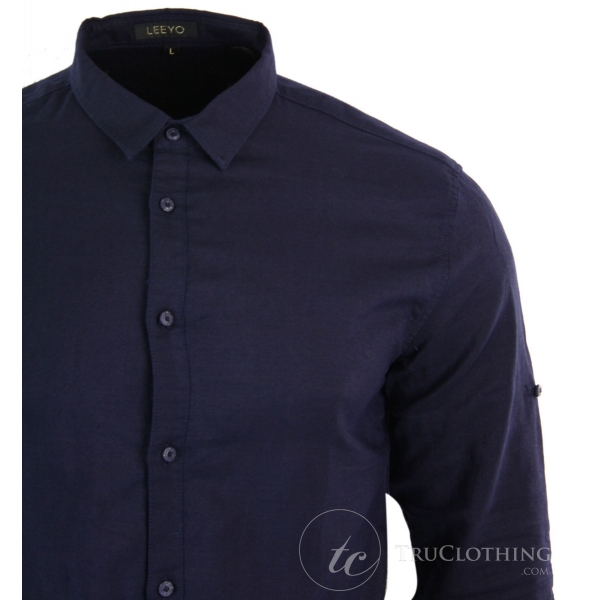 Z301 - Mens Summer Holiday Linen Collar Shirt Button Beach Light Slim Fit Half Full Sleeve  -Navy