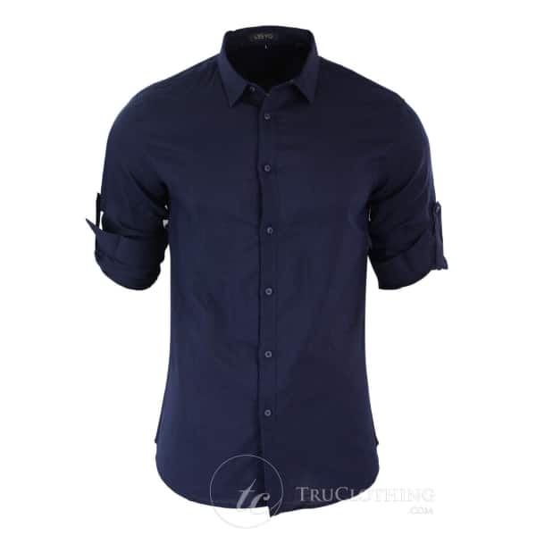 Z301 - Mens Summer Holiday Linen Collar Shirt Button Beach Light Slim Fit Half Full Sleeve  -Navy