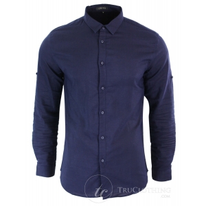 Z301 – Mens Summer Holiday Linen Collar Shirt Button Beach Light Slim Fit Half Full Sleeve  -Navy