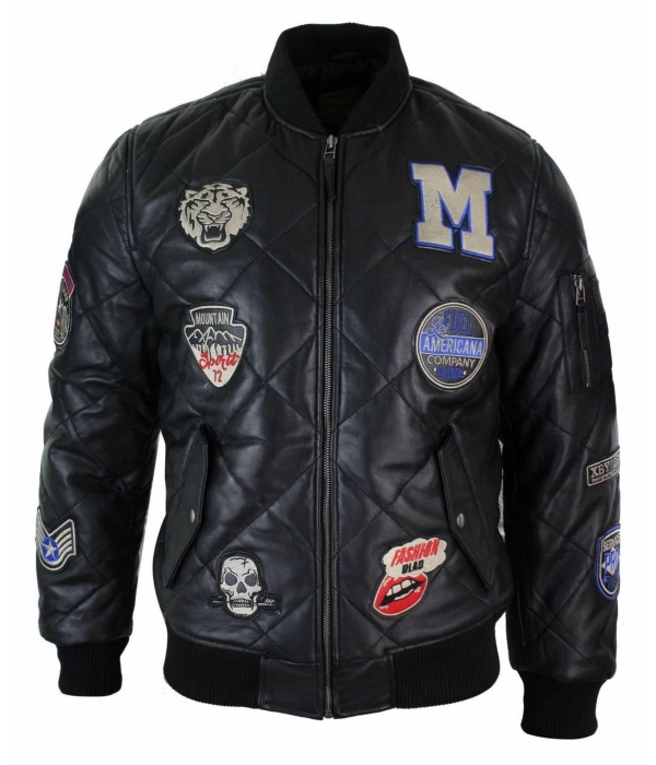 Mens Real Lether Quilted Puffer Varsity Baseball Bomber Letterman Jacket Badge