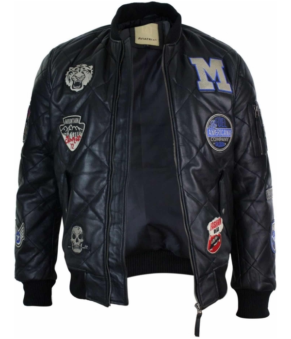 Mens Real Lether Quilted Puffer Varsity Baseball Bomber Letterman Jacket Badge