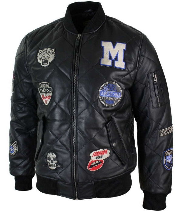 Mens Real Lether Quilted Puffer Varsity Baseball Bomber Letterman Jacket Badge