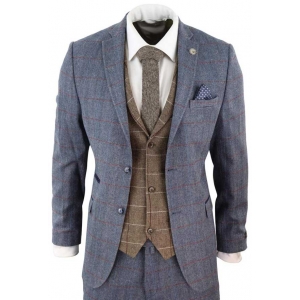 Blue 3 piece suit with contrasting oak brown waistcoat