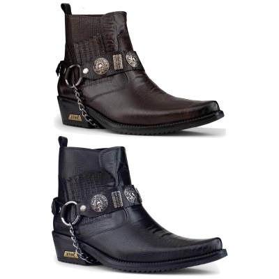 Mens Real Leather Cowboy Boots with Chain