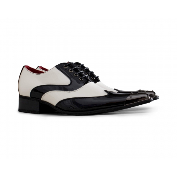 Mens Black & White Patent Shoes with Metal Toe