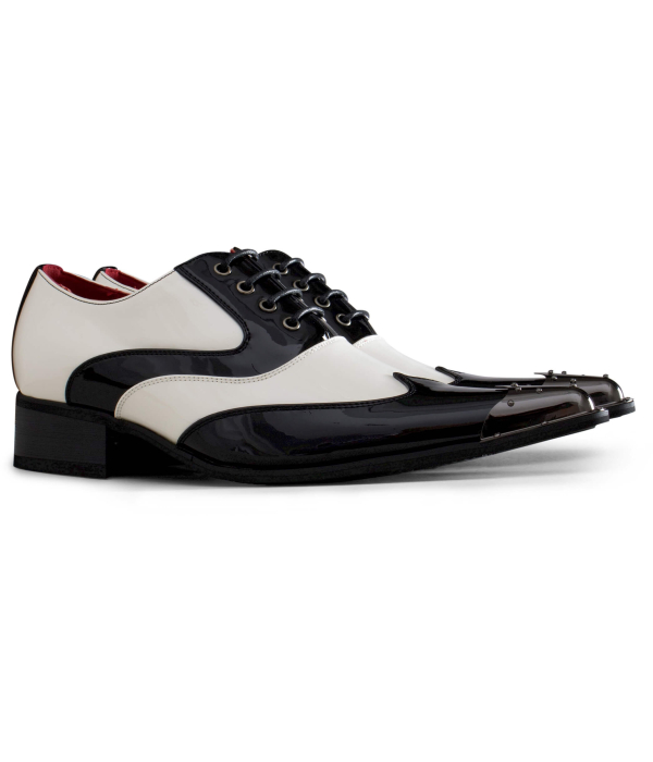 Mens Black & White Patent Shoes with Metal Toe