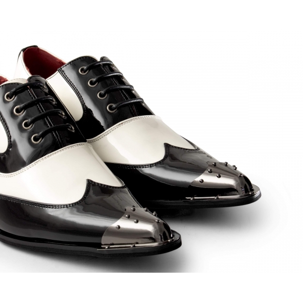 Mens Black & White Patent Shoes with Metal Toe