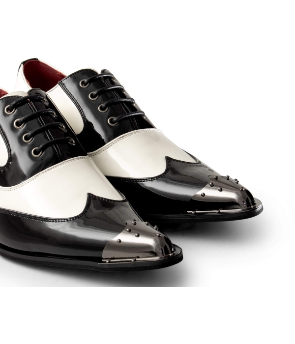 Mens Black & White Patent Shoes with Metal Toe