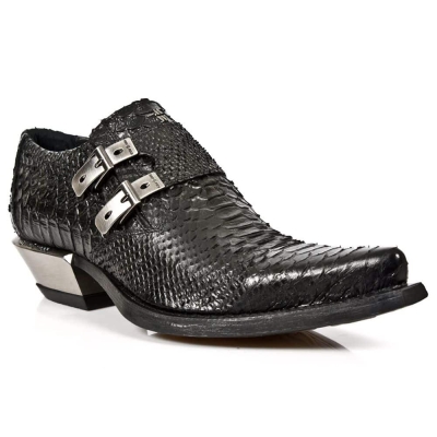 New Rock 7934-S2 Embossed Python Black Leather Buckle West Steel Heel Shoes Boot