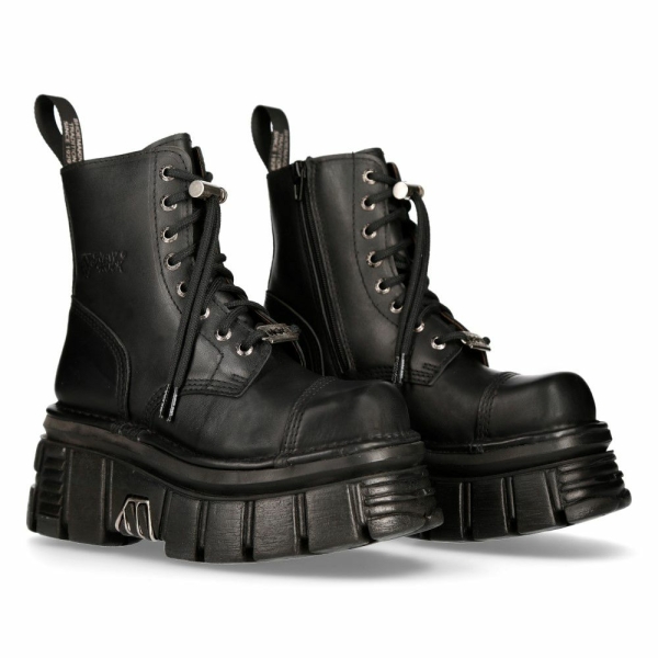 NEW ROCK M-NEWMILI083-S21 TOWER COMBAT BOOTS Black Leather Platform Biker Shoes