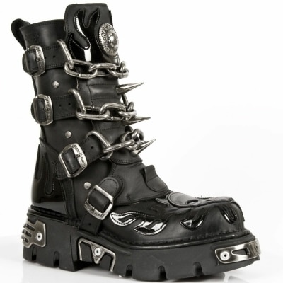 New Rock Mens Black Leather Skull Flame Reactor Boots M.727-S1