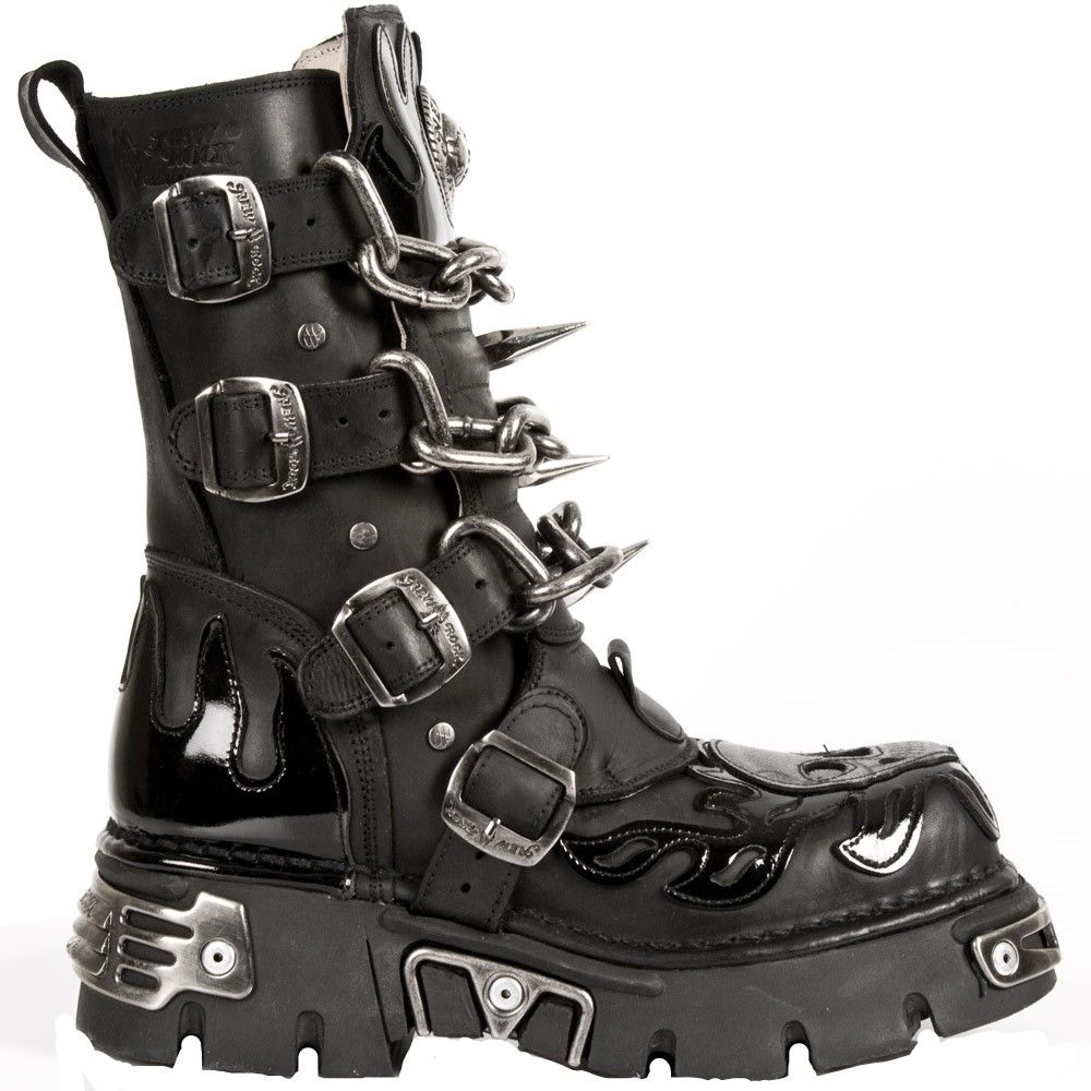 New Rock Mens Black Leather Skull Flame Reactor Boots M.727-S1 | Happy