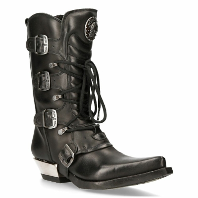 NEW ROCK M-7993-S1 WESTERN COWBOY BOOTS Black Leather Buckle Heavy Biker Shoes