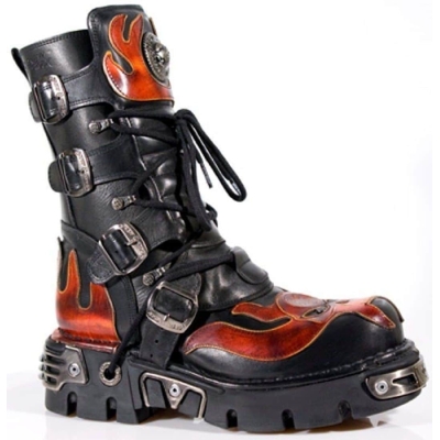 New Rock 107-S1 Red Skull Devil Black Leather Boots