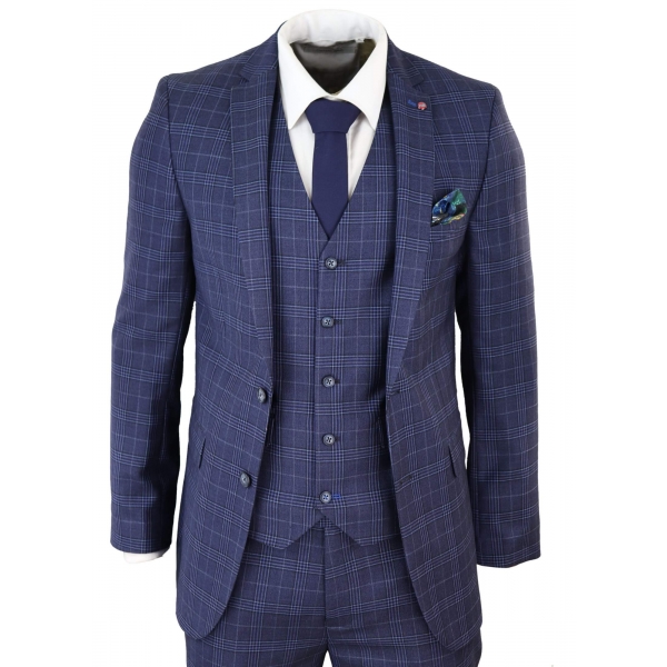 Mens Navy Blue Check 3 Piece Slim Fit Suit: Buy Online - Happy Gentleman