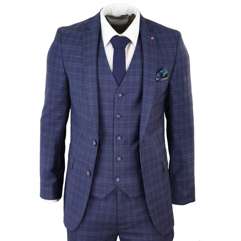 Mens Navy Blue Check 3 Piece Slim Fit Suit: Buy Online - Happy Gentleman