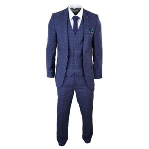 Mens Navy Blue Check 3 Piece Slim Fit Suit: Buy Online - Happy Gentleman