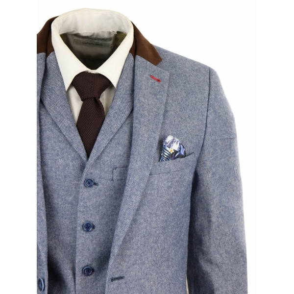 Men's 3 Piece Suit - Blue with Brown Detailing