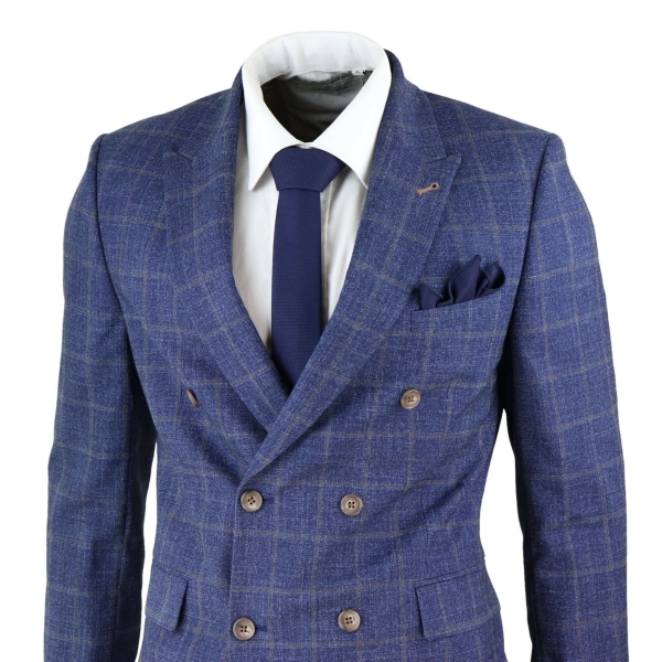 Blau karierter zweireihiger Anzug (2 Teile)