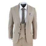 Men's Beige 3 Piece Wool Suit - 42UK Jacket/Waistcoat + 36W Trousers, Regular
