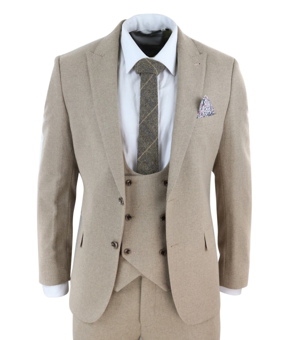 Men's Beige 3 Piece Wool Suit