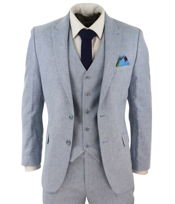 Men's Light Blue 3 Piece Linen Suit