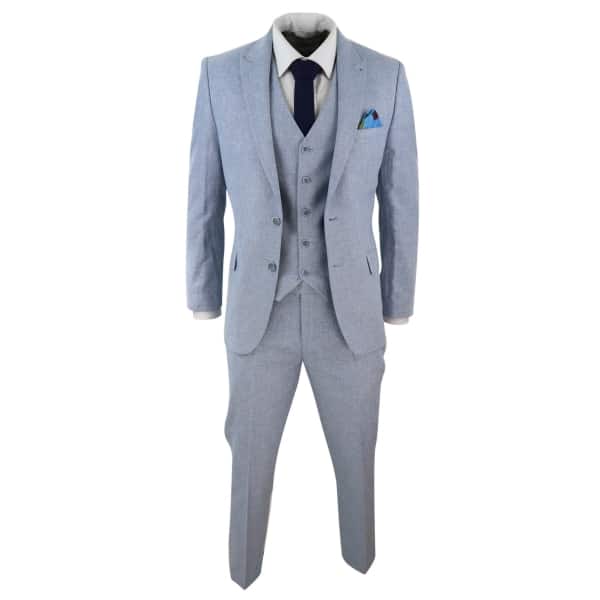 Men's Light Blue 3 Piece Linen Suit