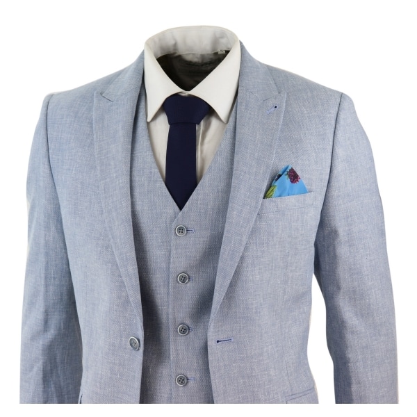 Men's Light Blue 3 Piece Linen Suit
