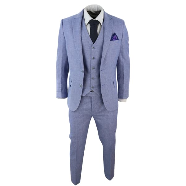 Men's Blue 3 Piece Linen Suit