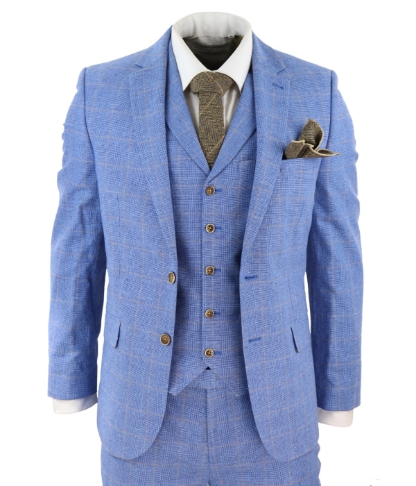 Men's Light Blue Linen 3 Piece Suit